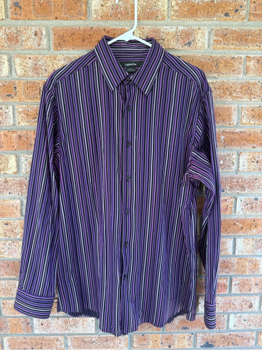 Claiborne Men's Purple and Black Striped Dress Shirt